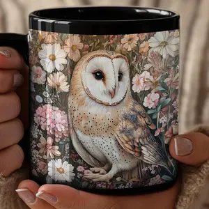 Barn Owl surrounded by Pink and Beige Flowers, Piercing Eyes, Gift for Her, Coffee Cup, Tea Mug, Kitchen , Animal Lover Gift, Owl mug #677
