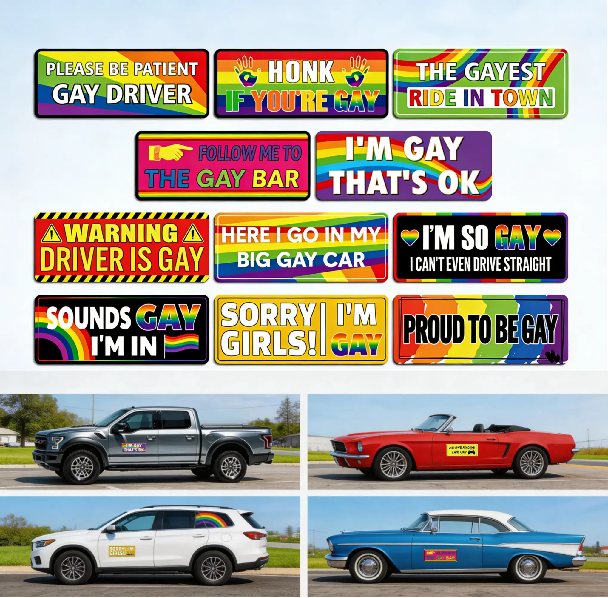12PCS Funny Rainbow Pride Magnet Stickers , LGBT Car Bumper Magnetic Decals, Reusable Prank Signs for Vehicles Trucks Fridge, Colorful Car Accessories