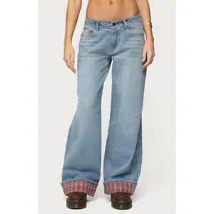 Edikted Women's Plaid Cuffed Low Rise Jeans