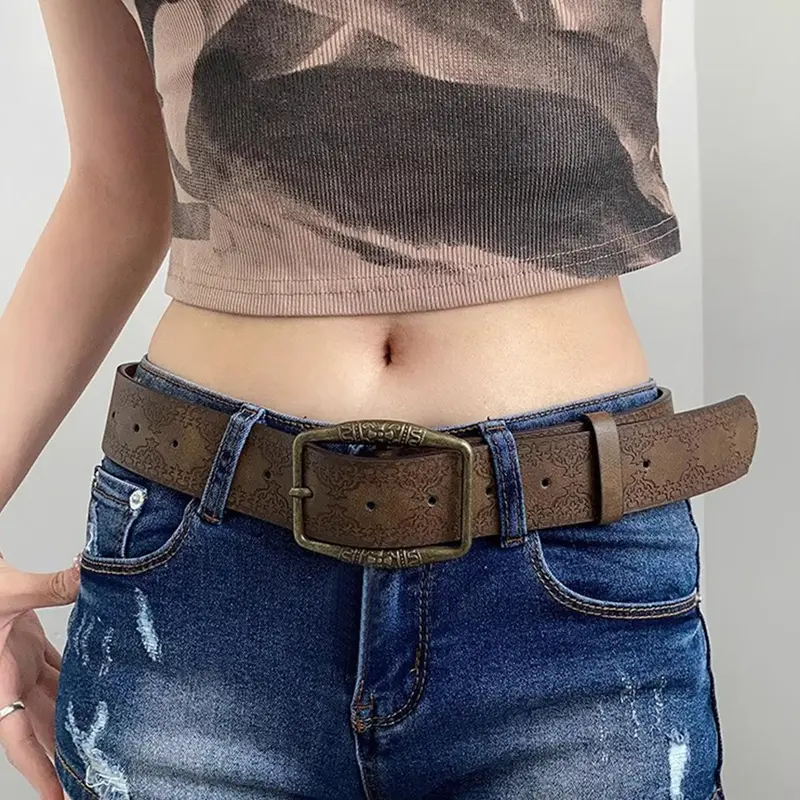 Women's Vintage Floral Print PU Leather Belt, Boho Style Western Cowgirls Belt for Jeans, Cowboy Cowgirl Belt, Fashion Y2k Niche Personalized Accessories for Daily Wear for Outfit Matching, Western Concho Belts