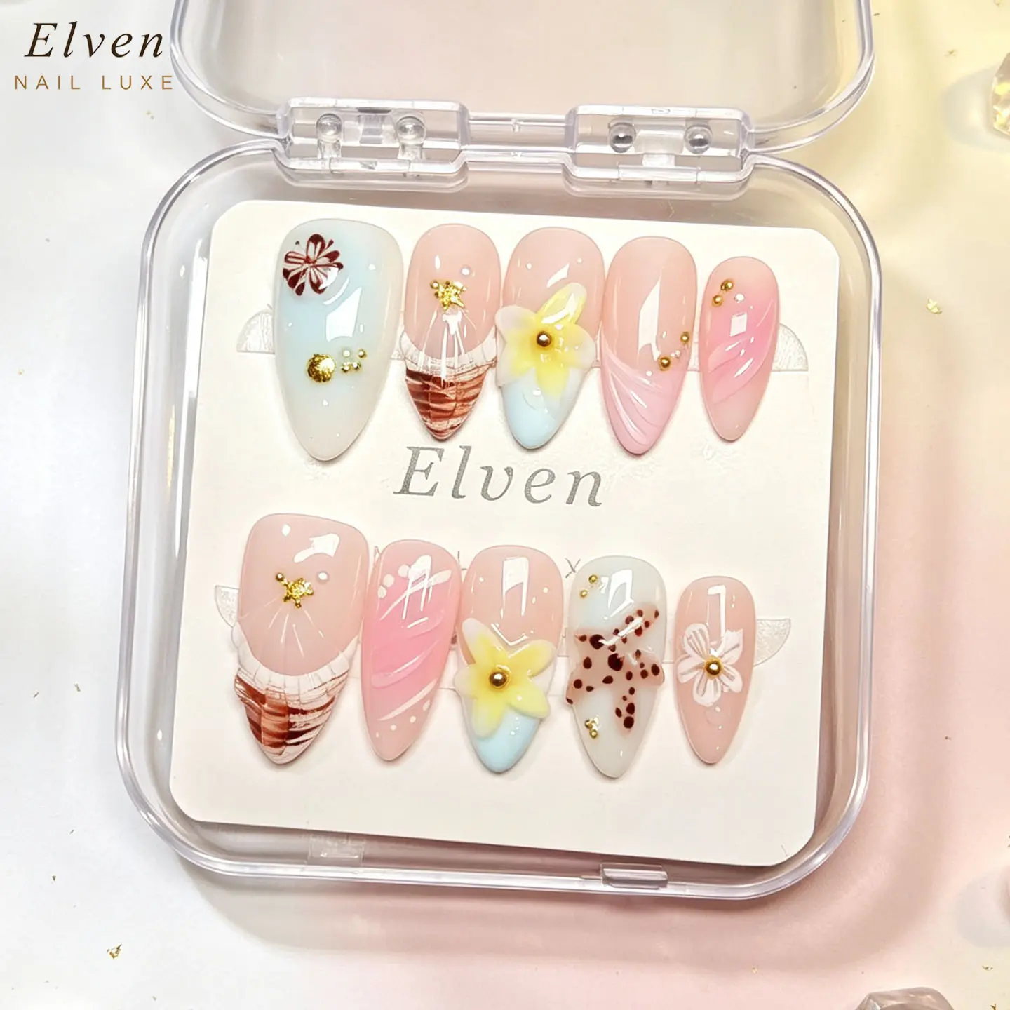 Handmade Medium Almond Press-On Nails, Pink-Blue Gradient with 3D Flower, Shell & Gold Foil Accents, Ocean Chic Luxury Multicolor Reusable High-Quality Acrylic Nails for Sweet Summer Beach Vacations, Easy Apply