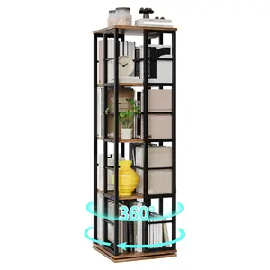 4-Tier Square Rotating Bookshelf, 360° Spinning Bookcase Tower with Stable Base, Modern Space Saving Corner Shelf for Living Room, Study, Bedroom in Brown