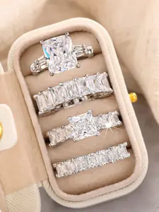 Luxury Artificial Zircon Stackable Rings Set for Women, Bridal Ring Sets, Wedding Engagement Anniversary Party Accessories Gift Box Included, Casual Style, Jewelry Accessories