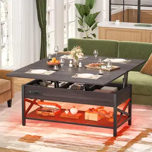 Multi-Function Lift-Top Coffee Table: Converts to Dining Table, with Integrated LED Light and Power Outlets, Storage Shelves Included, Perfect for Living Room and Home Office - Modern Style