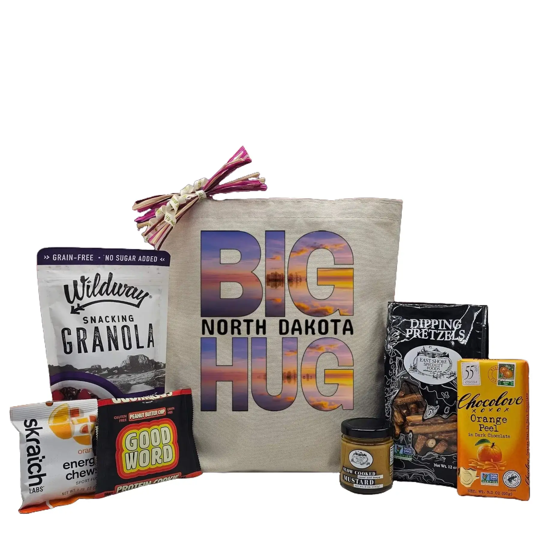 Itsonlynaturalgifts Big North Dakota Hug Gift Basket with Wildway Granola, Good Word Energy Chews, Dipping Pretzels, and Chocolate Orange Peel