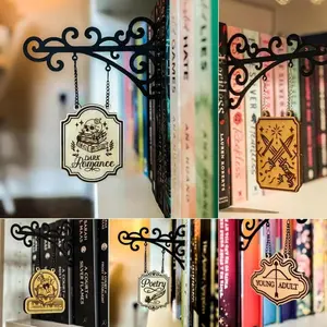 Tavern-Style Book Nook Genre Shelf Labels with Hanging Brackets, Book Nook Decor, Bookshelf Genre Signs for Home Library Book Dividers for Shelves (ALL)