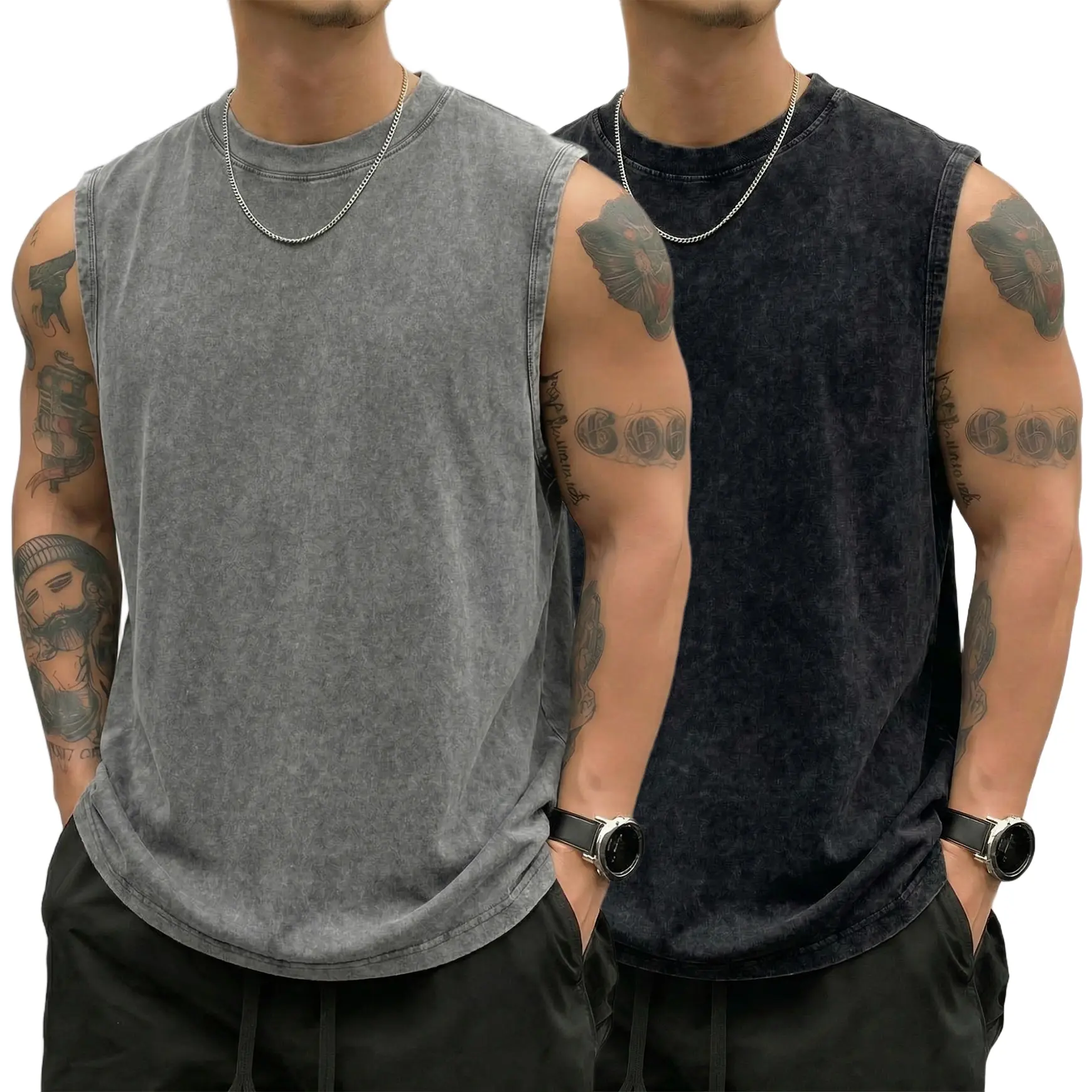 Men’s summer solid color washed distressed sleeveless T shirt, loose crew neck design, streetwear brand versatile athletic vest