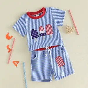 Toddler 4th of July 2Pcs Outfit Patriotic Popsicle Embroidery Striped Shirt Sleeve Tee and Drawstring Shorts Independence Day Set  summervibes