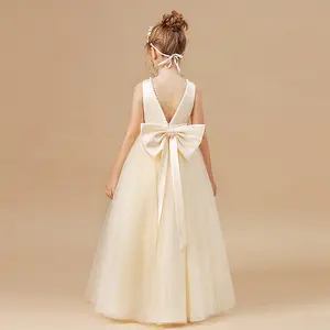 Girls' Floor-Length Princess Dress with Embellishments & Back Bow Design Sleeveless Tulle Dress for 7-14Y Wedding & Party Wear 23036