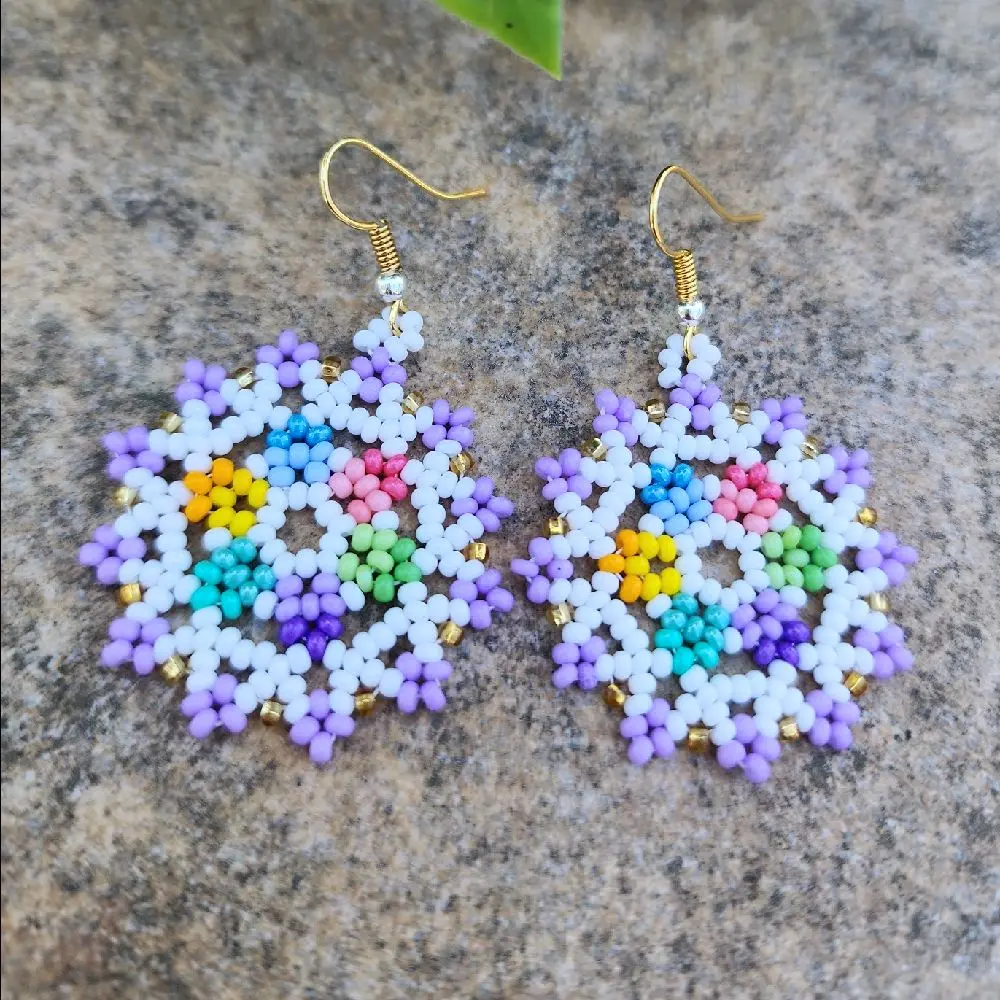 Handmade Beaded Flower Earrings - Colorful Boho Mandala Drop Jewelry - Gift for Her