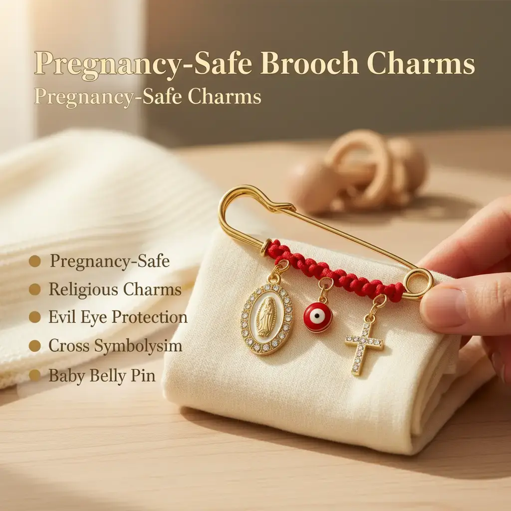 New protective brooches, suitable as religious charms for pregnant women and babies, pregnancy-safe brooches – featuring the Virgin Mary, crosses, and evil eye belly pin ornaments
