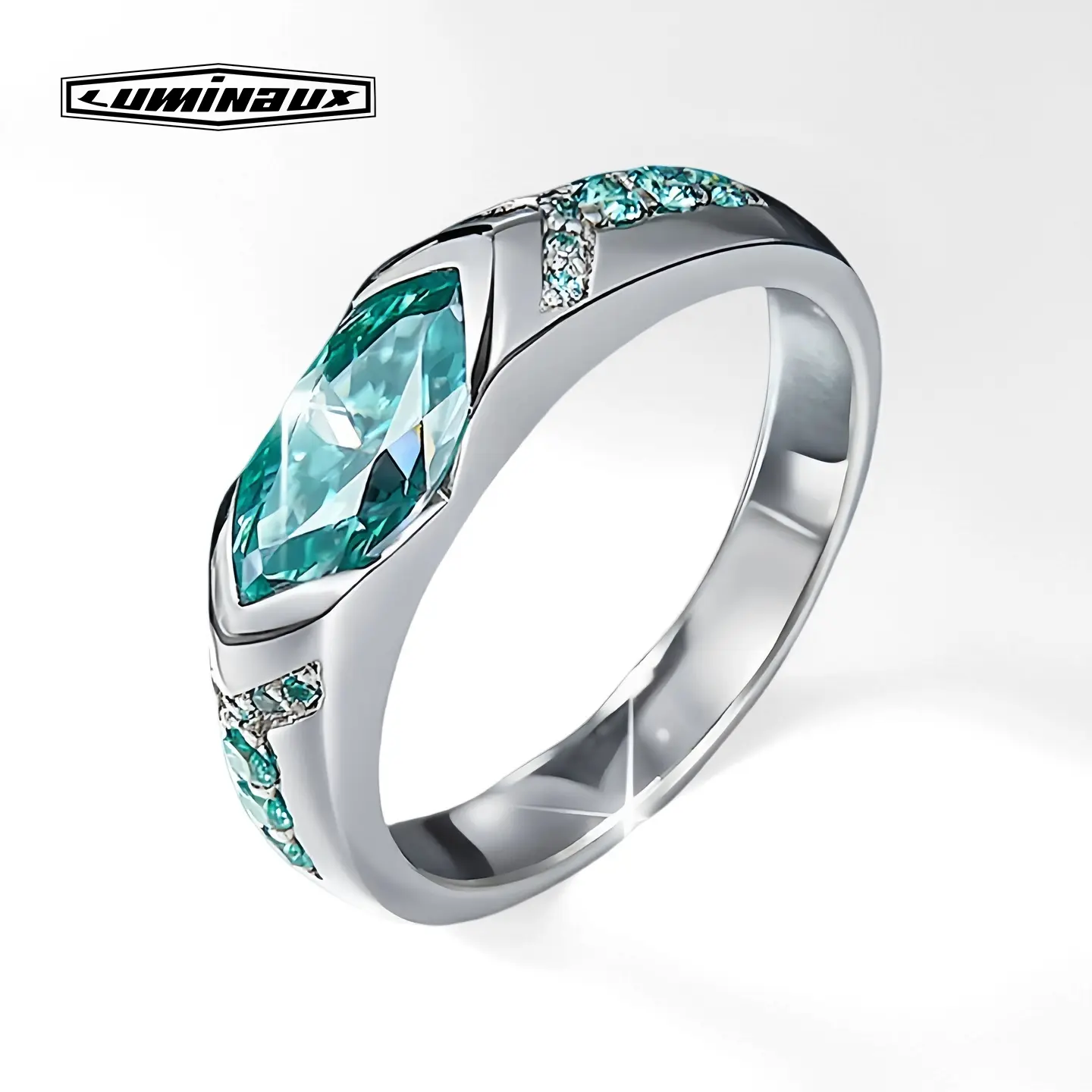 【Pass Diamond Tester】S925 Sterling Silver Ring D Color VVS Clarity Aqua Green Lab-Created Moissanite Engagement Ring Excellent Marquise Cut Eye of Horus 2.0 Duchess Cut Ring for Men Women Fashion Jewelry Ideal Gift for him her