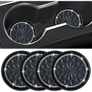 Car Cup Coaster 4 Pack Universal Non-Slip Cup Holders Insert Coasters Bling Crystal Rhinestone Car Interior Accessories Black Flower