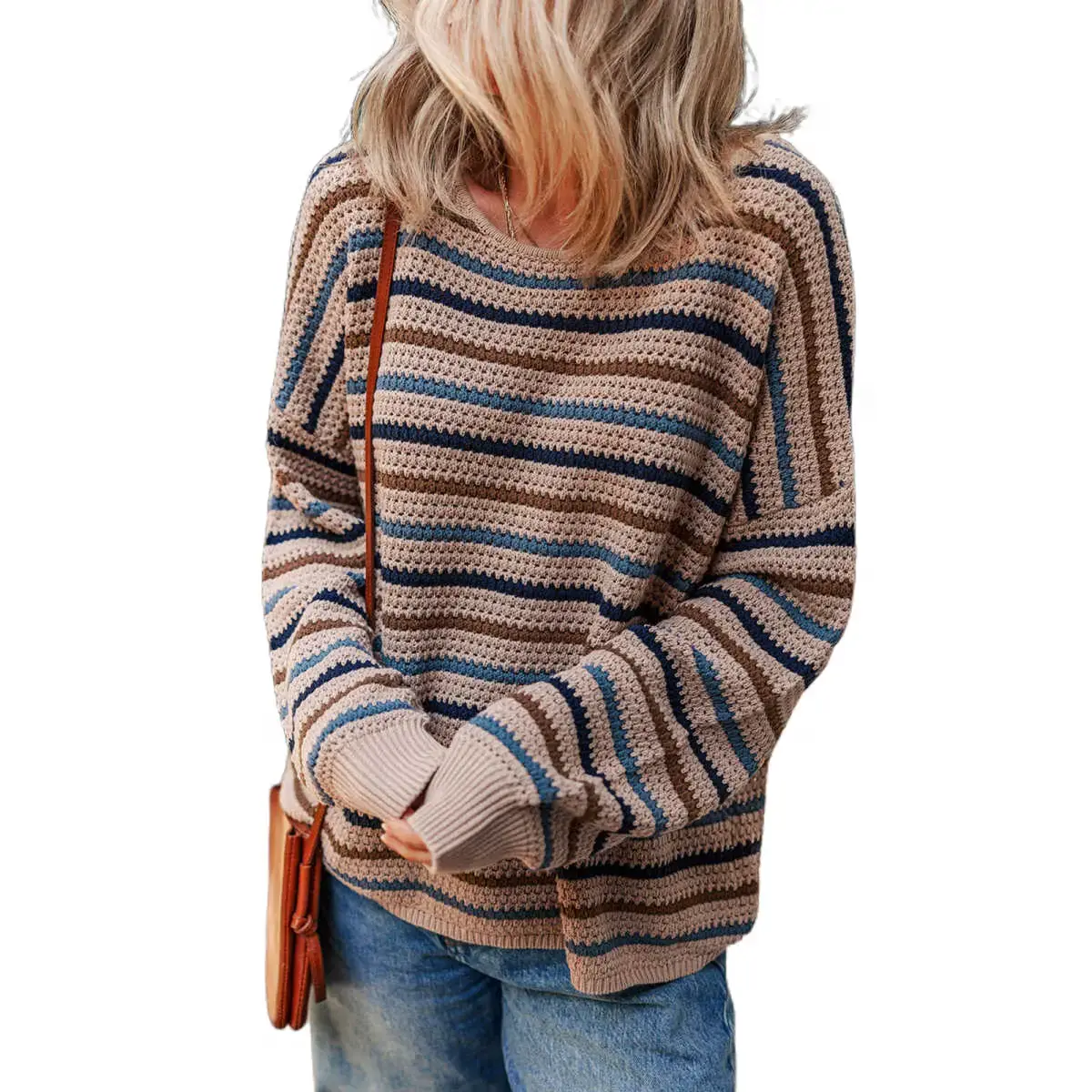 Multicolour Striped Knitted Drop Shoulder Round Neck Sweater