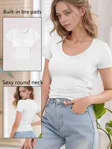 2025 Summer New White Crew Neck Short Sleeve T-shirt, built-in chest pads, no need to wear underwear, slim fit design.