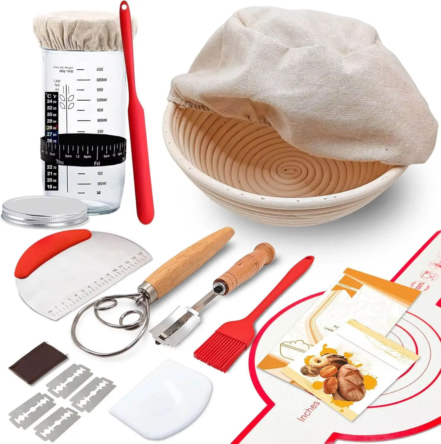 Complete Sourdough Starter Kit, Sourdough Bread Baking Supplies, Banneton Bread Proofing Basket with Sourdough Starter Jar, 9inch Round Bread Proofing Basket, for Bread Baking