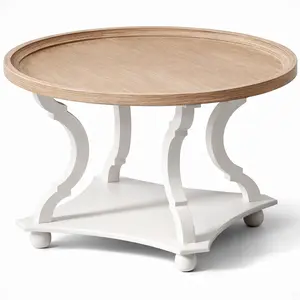 COZAYH Round Rustic Coffee Table Wood Tray Top Accent Centerpiece Storage, White