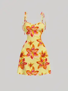 Women's Floral Print Mini Dress, Spaghetti Strap Knitted Dress, Ruched Summer Dress