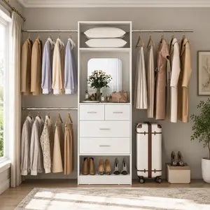 Homieasy 48" W - 96” W Closet Organizer, 8FT Walk in Closet Systems Starter Kit with 25” Tower and 3 Extendable Hanging Rods, Sturdy Wood Garment Rack with 4 Drawers and Mirror, Wardrobe Organizer White Furniture