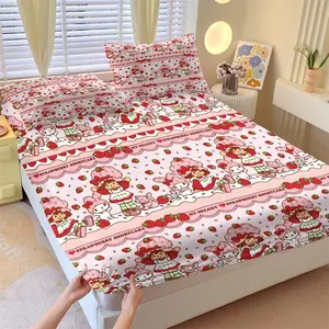 Q Version Strawberry Sweetheart Cartoon Fitted Sheet Set & 2 Pillowcases No Core, Wavy Stripe Design Paired with Cute Cartoon Characters, Soft Anti-Slip Wrinkle-Resistant, Girls' Bedroom Decor, Gift Choice