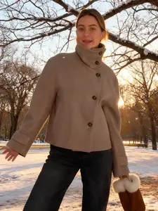 Women's Autumn Winter Stand Collar Wool Blend Jacket, Pure Color Fashion Outerwear, Asymmetrical Button Closure, Casual Lapel Sleeve Coat