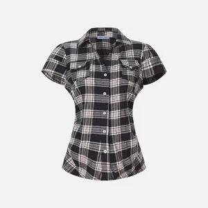 Aelfric Eden Plaid Waist-Cinching Short Sleeve Shirt Slim Fitted Silhouette Vintage Plaid Print  Pocket Detail Soft  Fabric American Retro Streetwear Women Top