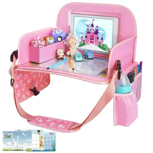 Kids Travel Tray for Toddler Car Seat, Road Trip Activities for Kids with iPad Holder Stand & Dry Erase Board, Road Trip Essentials Accessories Lap Tray as Travel Gifts for Kid, Pink