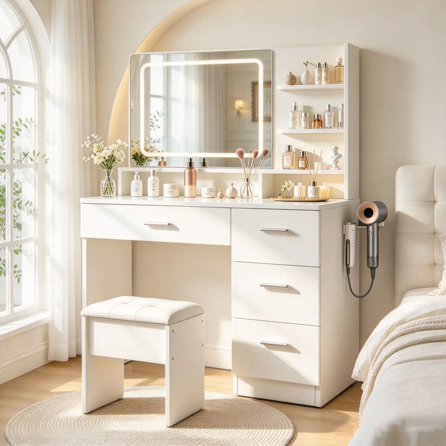 Modern white vanity includes LED-lit mirror; bedroom makeup table with drawers and matching stool; suitable for teens and adults; ideal for home dressing rooms or bedrooms slide amerlife summervibes power glass top storage furniture