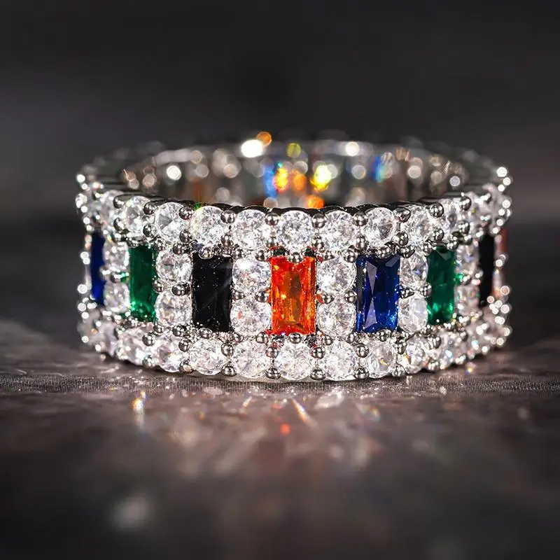 Women's Minimalist Shining Rainbow Eternal Baguette Ring - Chunky Multicolored, Colorful Bling Costume Jewelry for Wedding, Daily Wear Gifts Celebrating Individuality, Baguette Rings, Chunky Multicolored Rings