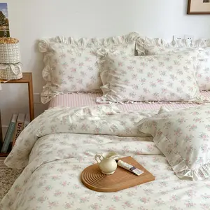 Pink Floral Duvet Cover King Size - 100% Ruffle Lace for, Romantic Cottagecore Style Duvet Cover with Closure, Aesthetic Princess-King