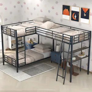 Triple Bunk Bed L-Shaped Bunk Bed With Desk and Shelf for 3, Heavy-Duty Metal Frame, Twin Over Twin With Twin Size Loft Bed Attached, Noise Free, Brown