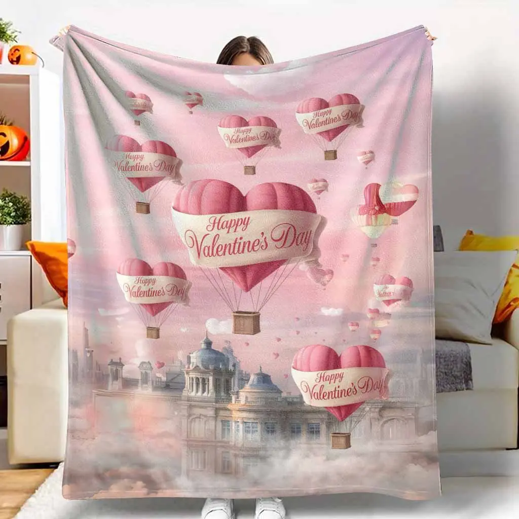 Valentine's Day Heart Hot Air Balloon Flannel Throw Blanket - 30*40 Inches Soft Flannel Material, Wrinkle-Resistant, Breathable, Durable, Romantic Print, Cozy Style, All Seasons, Machine Washable Bedroom Decor, Ideal Anniversary Gift