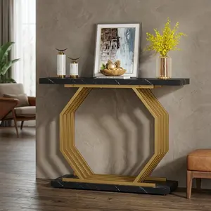 Modern Luxury Faux Marble Console Table,40 Inch Narrow Entryway Accent Table With Gold Octagon Metal Base,Stable Adjustable Foot Multipurpose Sofa Side Table For Home Living Room Hallway Foyer Decor
