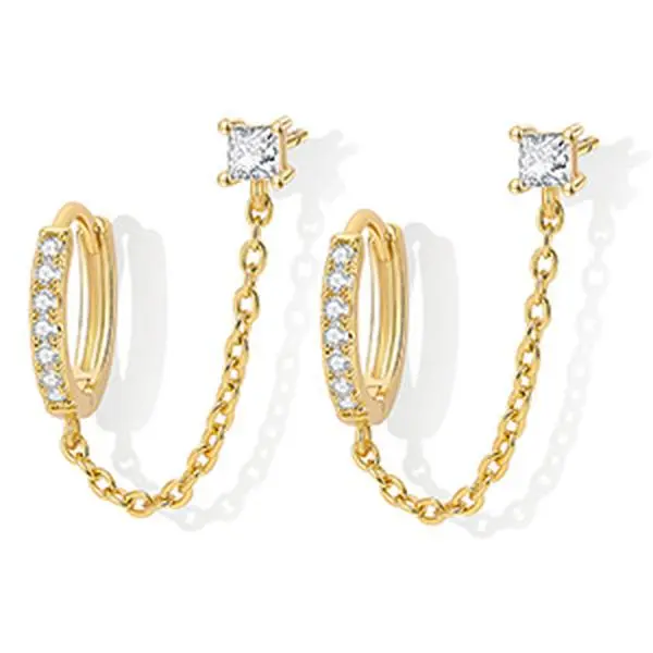 Aurora & Fiori Jewelry Double Piercing Chain Earrings for Women 18K Gold Plated S925 Sterling Silver Dangle Chain Huggie Hoop Earrings with Cubic Zirconia Stones Simulated CZ Stud Earrings
