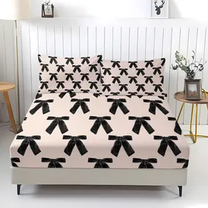 Black and white bow-print fitted sheet and pillowcase set, stylish and simple bedroom bedding, Bed Sheet Sets, a great gift.