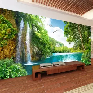 Green Mountain Waterfall Scenic Wall Mural - Non-Adhesive, Easy Install Fabric for Living Room & Bedroom Decor