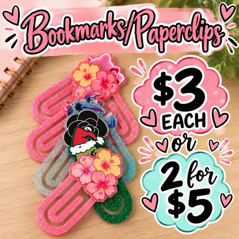 Live Claim Orders Only- Jumbo Acrylic Bookmarks/Paper Clips with Themes and Characters - Perfect for Saving Space in Favorite Books or Clipping Papers Together