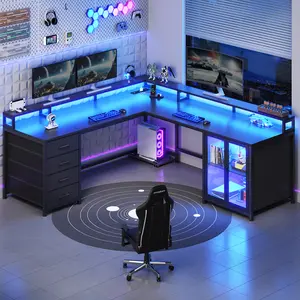SEDETA L Shaped Gaming Desk with 4 Drawers, 109” Computer Desk with Display Cabinet, Home Office Desks with 2 Monitor Stands, CPU Stand, LED Lights and Power Outlet