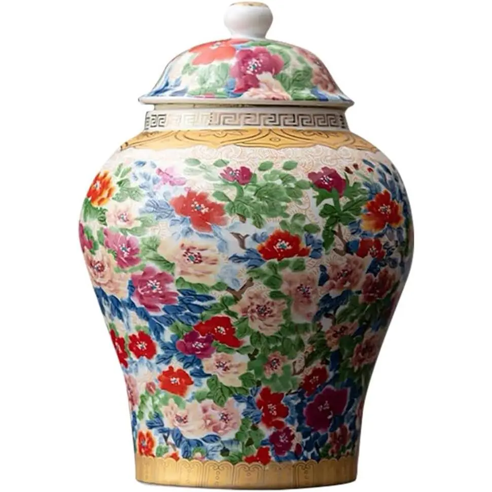 8 inches Ginger Jar with Lid Chinese Decorative Ceramic Tea Storage | chinoiserie gift flower jars for small item storage/Home/Kitchen/Dining/living room/shelf decor,Vintage Antique Accent