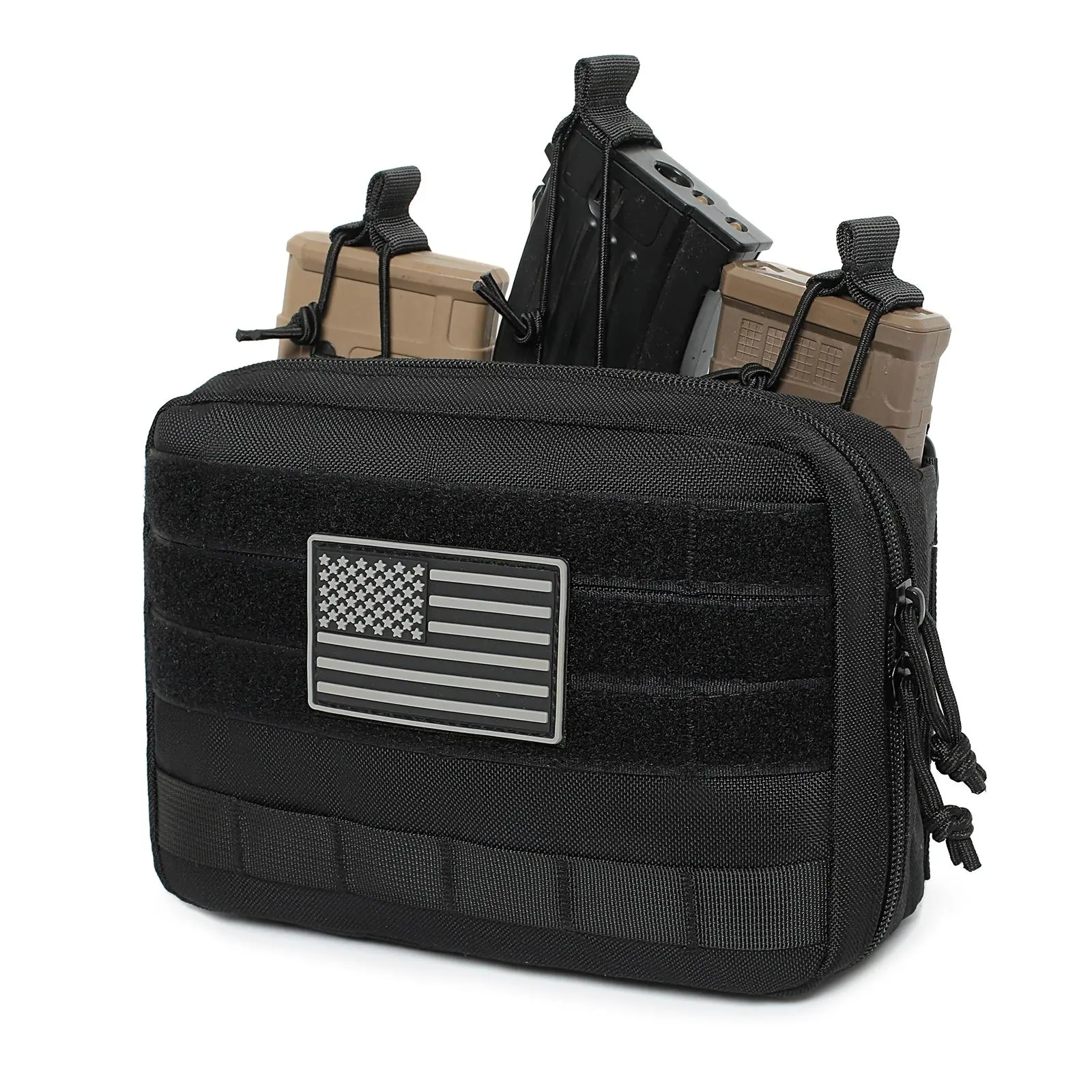 Durable Nylon Tactical Pouch with American Flag Patch, Unisex Multi-Purpose MOLLE Organizer with Zippered Compartments for Outdoor Hiking and Camping, Durable Outdoor Hiking, Multi Purpose Rucksack, Tactical Accessories, Molle Webbing, Hunting Tactical Ba