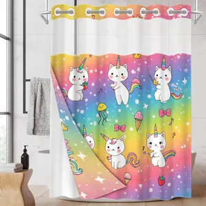 1pc hookless shower curtain with buckle lining, pink rainbow white unicorn cat design 2D flat print, fabric waterproof lining, see-through double shower curtain, 71 x 74 inches, modern home curtain decoration.
