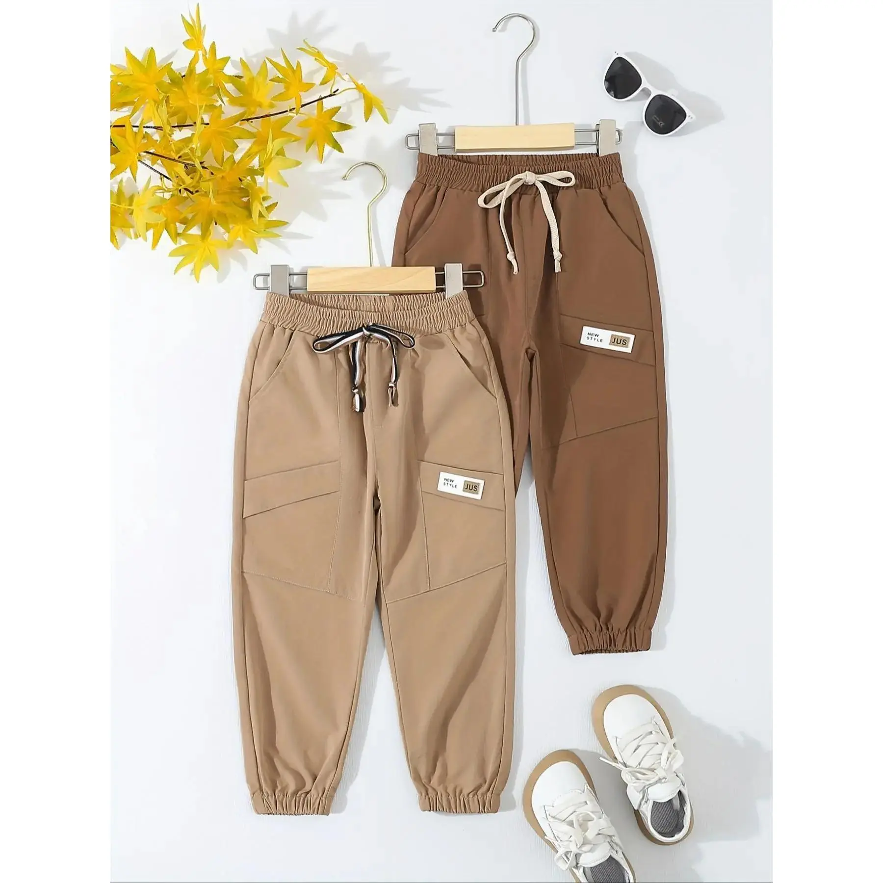 Boy's Letter Patched Pocket Elastic Waist Jogger  Pants, Street Fashion Casual Tie Front Trousers for Daily Wear, Kids Bottoms for Spring & Fall