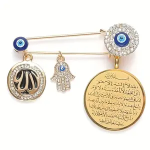 Islamic Muslim Allah Brooch with Evil Eye & Fatima Hand Pendants - Synthetic Zirconia Alloy Religious Jewelry for Ramadan Eid Gifts, Casual Attire, Year-Round Spiritual Accessories