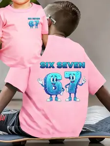 Cartoon Numbers 6-7 Double-Sided Print Kids T-Shirt, Cute Graphic Tee, Spring/Summer Round Neck Short Sleeve Tee for Boys Girls, Soft Breathable Cotton, Casual Children's Top, Children's Day Mother's Day Father's Day Gift