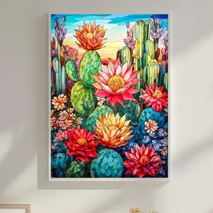 5D DIY Full Round Drill Diamond Painting Cactus Flower Stained Glass Kit Decoration Art Craft Mosaic Painting 12x16inch