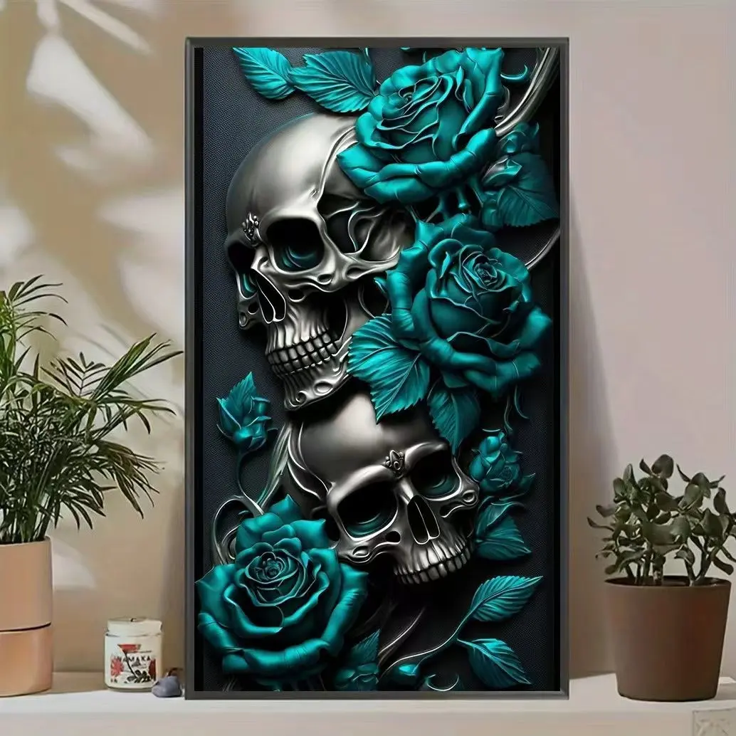1 count Adult DIY Diamond Painting Kit, Rose & Skull Design, Diamond Pattern Design, Large Size Wall Art, Beginner-Friendly Gemstone Craft Set, Home Decor