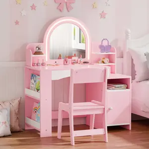 Topwin Modern Pink & White Vanity Desk Set with Lighted Mirror and Chair | Storage Shelves | Makeup Table with Drawer