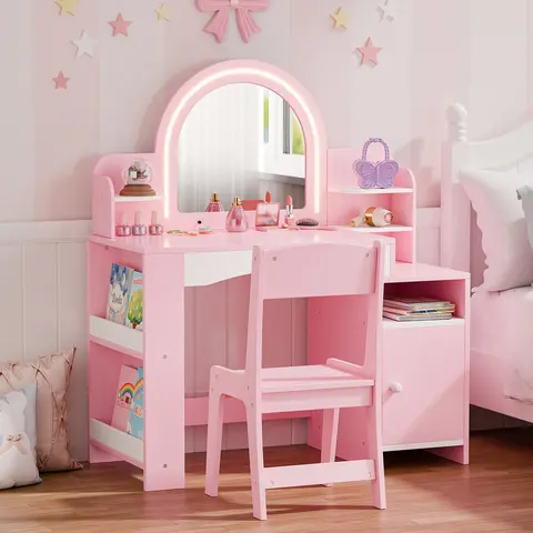 Topwin Modern Blush Pink Glam Vanity Set - LED Lighted Adjustable Mirror, Chair, Storage Shelves, Drawer, MDF+PB Board Vanity with Mirror (48×45cm, 26.5×39.8×49.8cm) for Makeup Organization