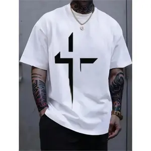 Men's AllSeason Pure Cotton Crew Neck TShirt withPatterned Cross Print Casual Short Sleeve Regular FitLightweight Stretch Fabric Suitable for Daily andWeekend Wear YearRound Clothing