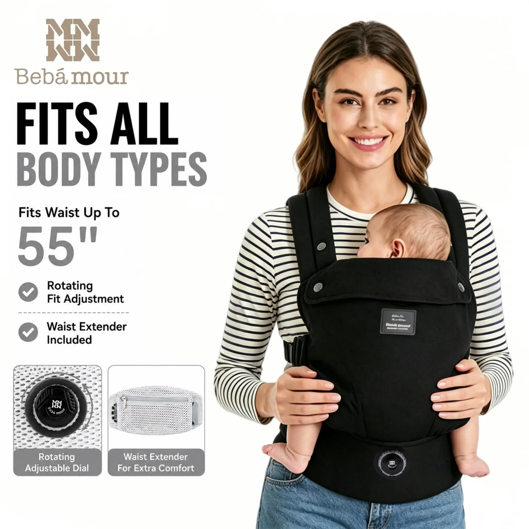BEBAMOUR Baby Carrier for Newborn to Toddler, Ergonomic Carrier with Adjustable Fit Dial & Waist Extender, Breathable Mesh, Enhanced Lumbar Support, 7-45lbs